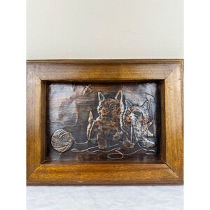 Vintage Copper Relief Kitten Art Framed Embossed Metal Cat Folk Art 10.5x8.5